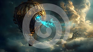Futuristic steampunk balloon vessel soaring through dramatic clouds