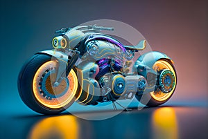 Futuristic steampunk motorcycle.Blue yellow neon glow