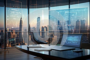 Futuristic Stock Market Analysis: Holographic Interface in Luxurious Office photo
