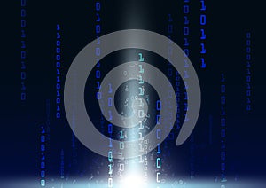 Futuristic stream of binary code on dark blue background, computer technology concept