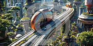 Futuristic street car train riding on the elevated track. City of future urban concept