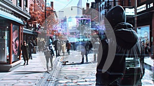 A futuristic street scene with holographic adver appearing to interact with passersby photo