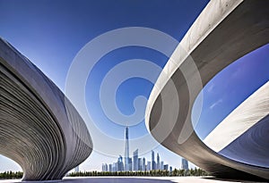 A futuristic striking architectural masterpiece, a concrete building with multiple waves, set in a modern urban landscape