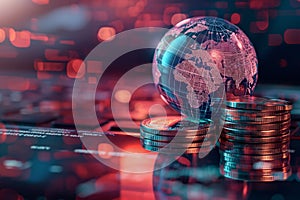 A futuristic and striking of a holographic globe, glowing with digital continents, next to a stack of physical bitcoins,