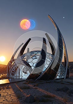 Futuristic structure with a geodesic dome,