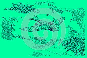 Futuristic study from the early 20th century of a monoplane aircraft flying over a city at high altitude. Illustration on a green