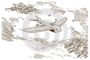 Futuristic study of a monoplane aircraft flying over a city at high altitude