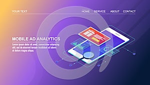 Futuristic style mobile advertising analytics, isometric design concept of digital marketing data analysis on mobile app.