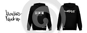 Futuristic style print for hoodie. Trendy black hoodie with silk screen