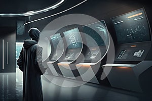 futuristic subway station with sleek design, high-tech amenities, and interactive displays