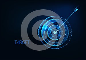 Futuristic success, goal concept with glowing low polygonal target and arrow