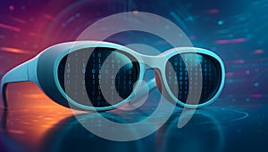 Futuristic sunglasses with binary code reflection and neon cyberpunk background