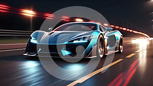 Futuristic super car in the city highway. Fast moving sports car. Car in motion. generative AI