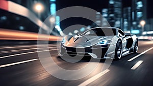 Futuristic super car in the city highway. Fast moving sports car. Car in motion. generative AI