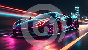 Futuristic super car in the city highway. Fast moving sports car. Car in motion. generative AI