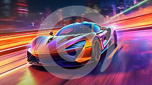 Futuristic Super Car on Neon Road, Acceleration, Neon Light Trails, Generative AI