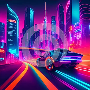 Futuristic supercar in the city background. Neon night metropolis.