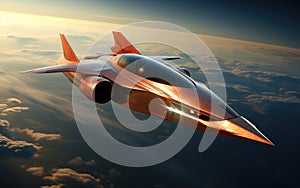 Futuristic supersonic jet performing a high-altitude stratospheric flight