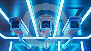 Futuristic surveillance cameras monitoring in a neon-lit corridor. Security and privacy concept in a modern style