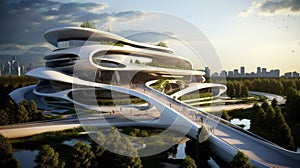 Futuristic sustainable complex office building for green economy comeliness