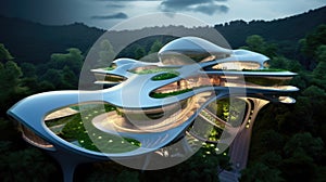 Futuristic sustainable complex office building for green economy comeliness