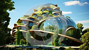 Futuristic sustainable complex office building for green economy comeliness