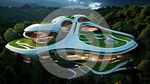 Futuristic sustainable complex office building for green economy comeliness