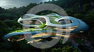 Futuristic sustainable complex office building for green economy comeliness