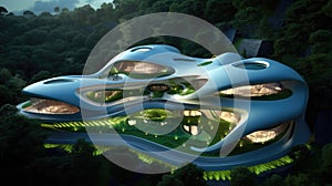 Futuristic sustainable complex office building for green economy comeliness