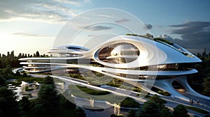 Futuristic sustainable complex office building for green economy comeliness