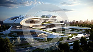 Futuristic sustainable complex office building for green economy comeliness