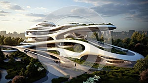 Futuristic sustainable complex office building for green economy comeliness