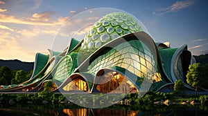 Futuristic sustainable complex office building for green economy comeliness