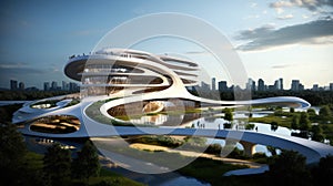 Futuristic sustainable complex office building for green economy comeliness