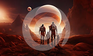 A futuristic, symbolic photograph depicts the beginnings of human civilization on Mars, showing a family walking on