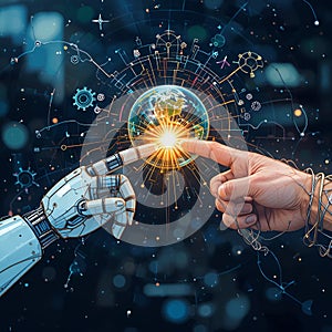 Futuristic Synergy: Robotic and Human Hands Creating Electric Spark and Holographic Sphere Depicting Digital Earth photo