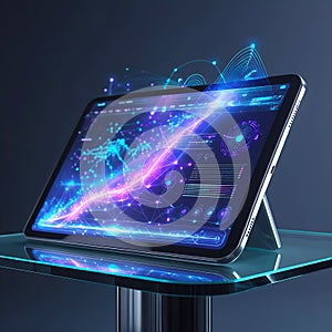 Futuristic Tablet Displaying Glowing Data Visualization And Network Connections technology