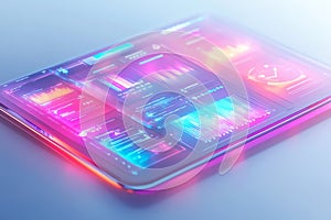 A futuristic tablet displays glowing graphs and data visualizations