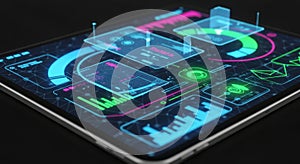 Futuristic Tablet Interface with Data Visualization