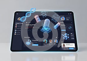 A futuristic tablet interface displays an