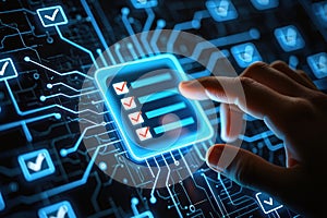 Futuristic task completion with glowing checkmarks and digital interface