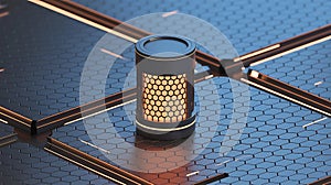 Futuristic tech abstract concept featuring glowing cylinder and hexagonal pattern