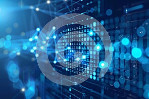 Futuristic Tech Background, Abstract glowing Binary Code Data Stream, AI, Network Connections.