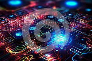 Futuristic tech background with glowing bioluminescent elements, circuitry, and microchips. Ai generated