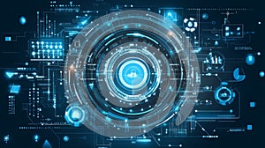Futuristic Tech Center, Digital Circle Design with Data Flow and Blue Grid Structure.