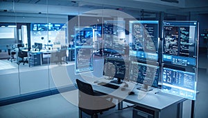 Futuristic Tech Control Room: Holographic Displays and Code, Modern Workstation