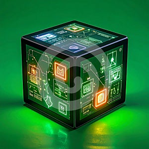 Futuristic Tech Cube with Glowing Digital Interface
