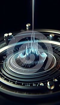 Futuristic tech dashboard with blue-white data visualization on dark background