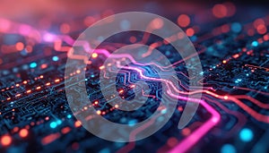 Futuristic tech design, circuit board with glowing neon elements. Data science, AI, machine learning, network analytics, modern