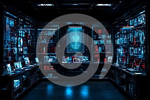 futuristic high tech control room with multiple transparent digital screens displaying data and holographic interface technology